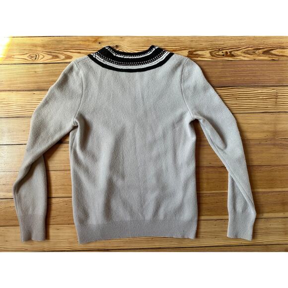 Tory Burch 100% Merino Wool V-Neck Sequin Rhinestone Beige Long Sleeve Sweater - Picture 4 of 11